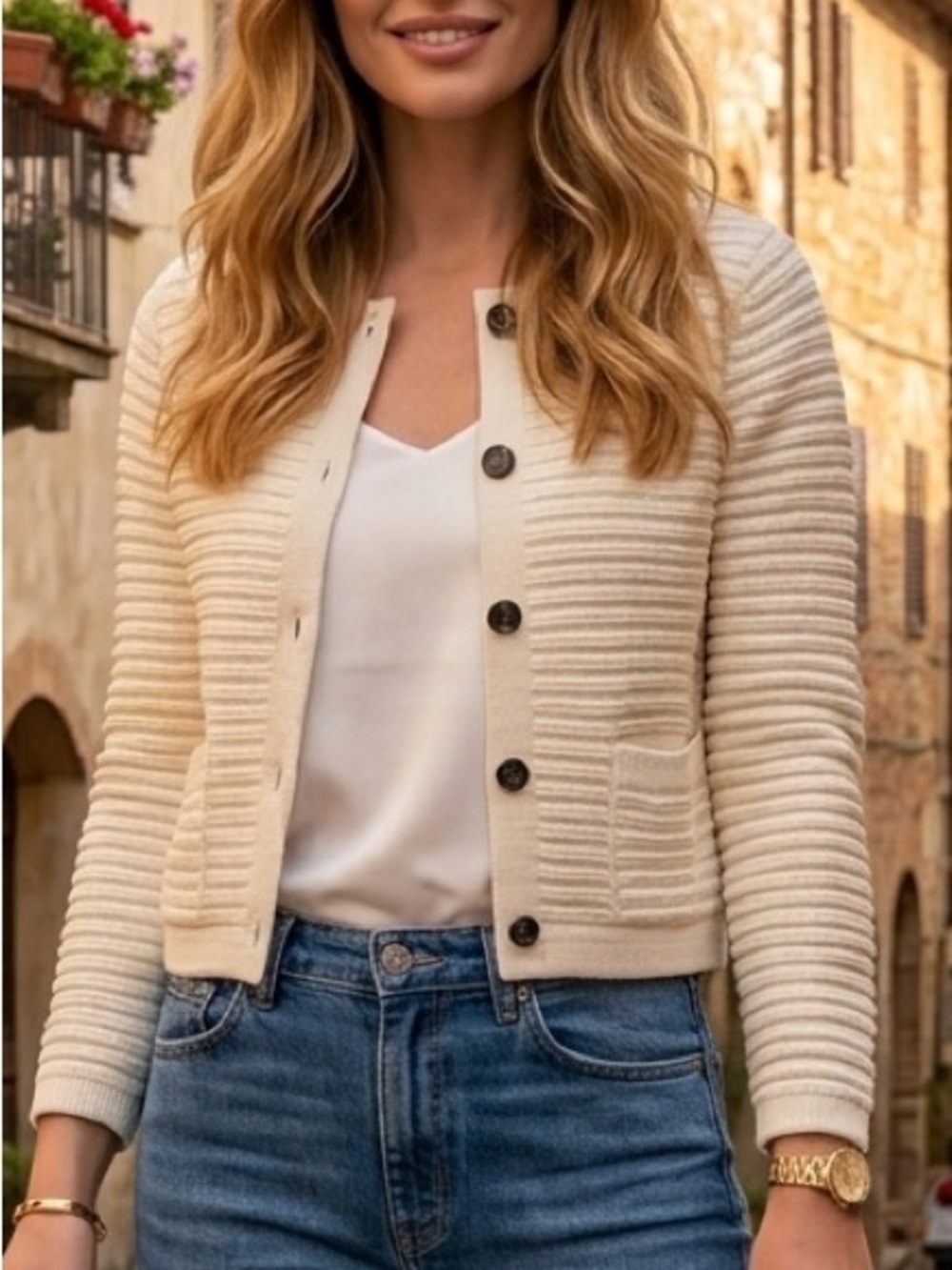 Lucky Brand ✨Long Sleeve✨ 100% Cotton✨Ivory Knit✨Cardigan Sweater✨Blazer Jacket✨